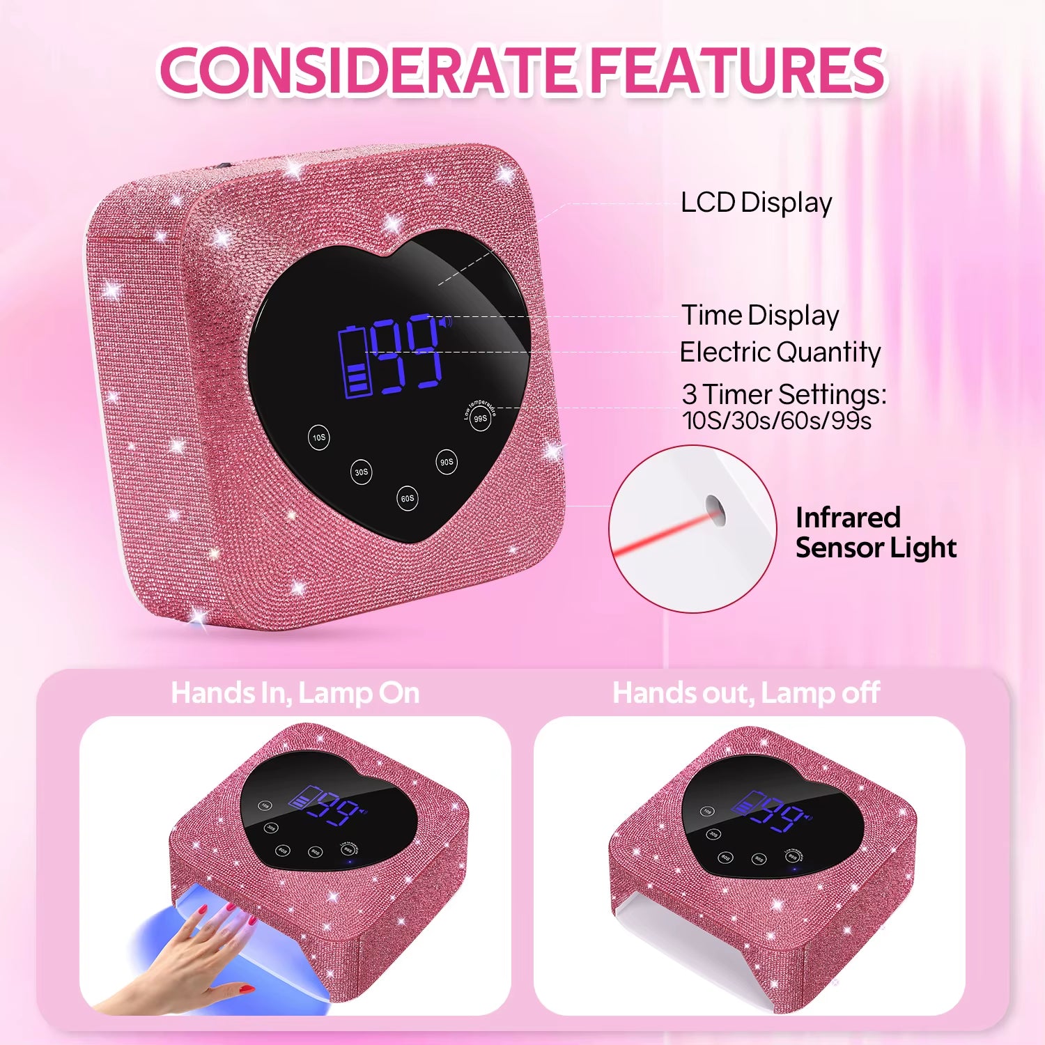 Rechargeable UV LED Nail Lamp 72W Cordless UV Light for Nails with Rhinestone Heart Shaped Manicure Pedicure Machine Nail Tools