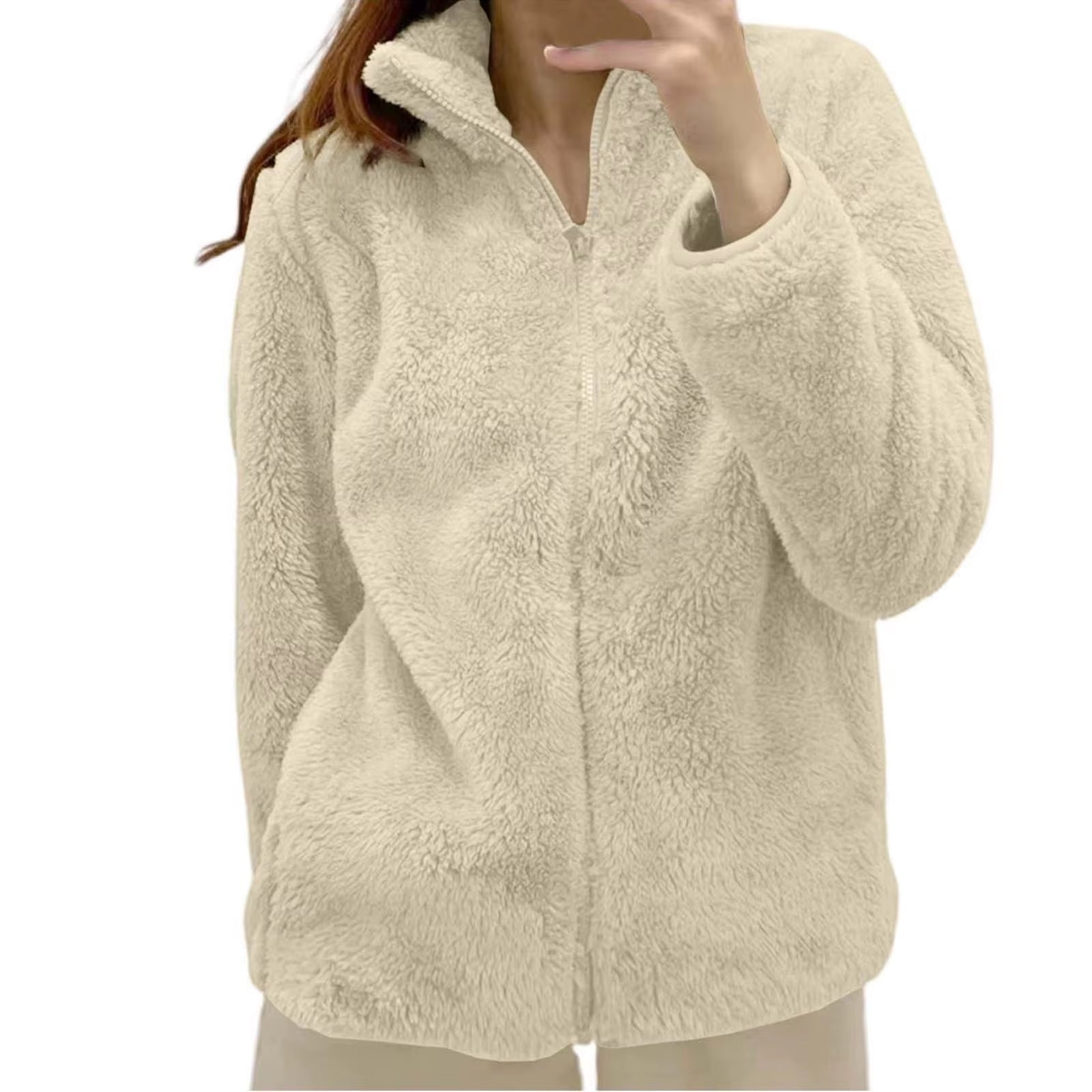 Women Casual Zip up Fleece Jacket Solid Color Long Plush Polar Warm Zipper Outwears Female Gils Lamb Wool Jackets with Pockets