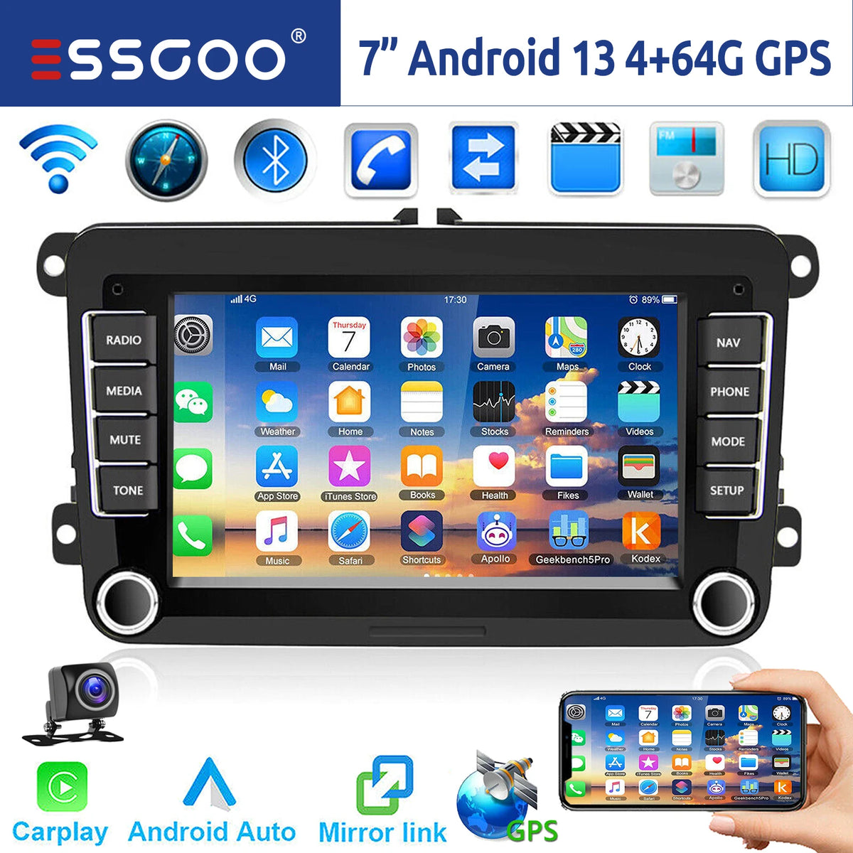 ESSGOO 7-Inch Android Car Stereo with 4G RAM, 64G Storage, Apple CarPlay, ChatGPT, GPS, WiFi, RDS, and Bluetooth Compatibility for VW Golf 5/6, Passat, Polo, Touran, Tiguan, Caddy, and EOS