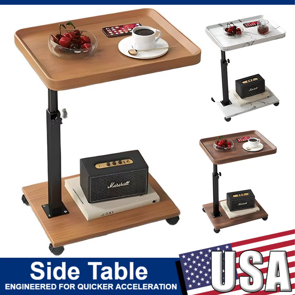 C Shaped Living Room Side Table Sofa Side Cabinet Mobile Coffee Table Simple Small Square Table Bedroom Bedside Table with Wheel