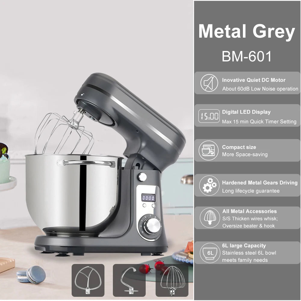 Biolomix Professional Kitchen Stand Mixer with Quiet Motor, 6-Speed Settings, 1200W Power, 6L Capacity, and Cream Egg Whisk Attachment