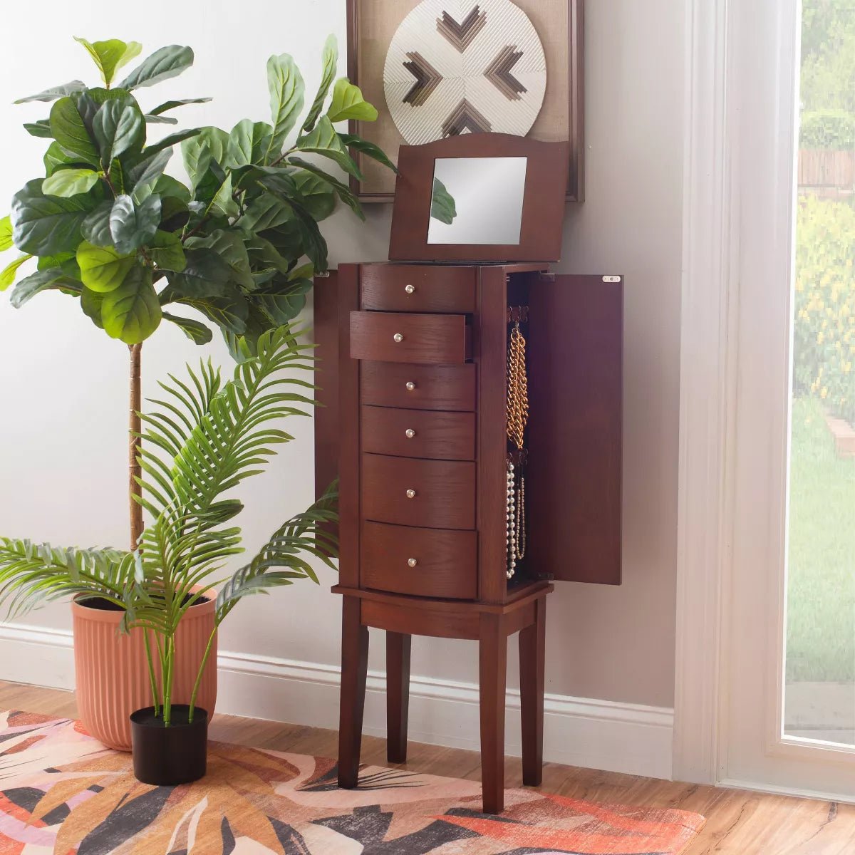 Traditional Wood Jewelry Armoire with 6 Lined Drawers in Merlot Brown