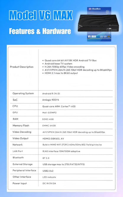 Vseebox V6 Max 2026 - Latest Model, Android 14, 4GB RAM, 64GB Storage, Voice Control, Wi-Fi 6, Parental Control, 8K HDMI, Complete Kit with Remote, HDMI Cable, Power Adapter, and Setup Guide