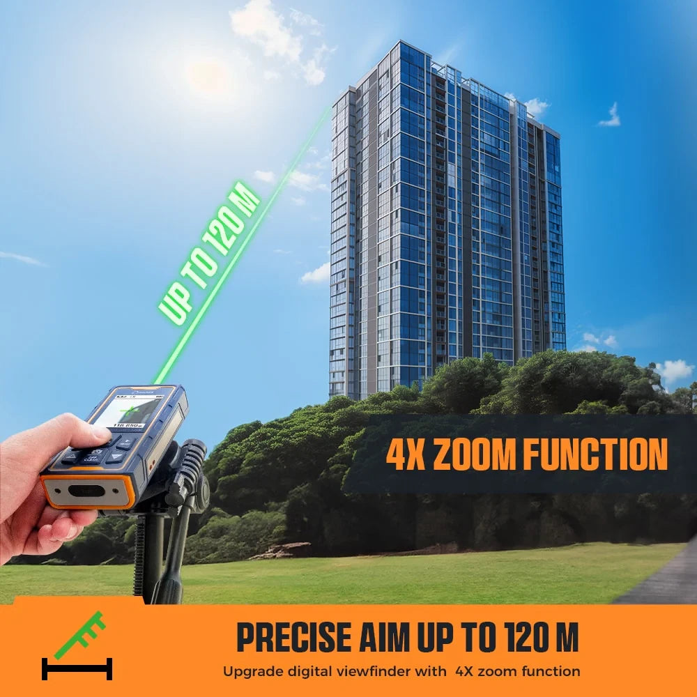  Laser Distance Measure 120M 393Ft Digital Pointfinder 4X Zoom P2P Technology IP68 Waterproof Bluetooth Wireless Charging 2.4" IPS Display