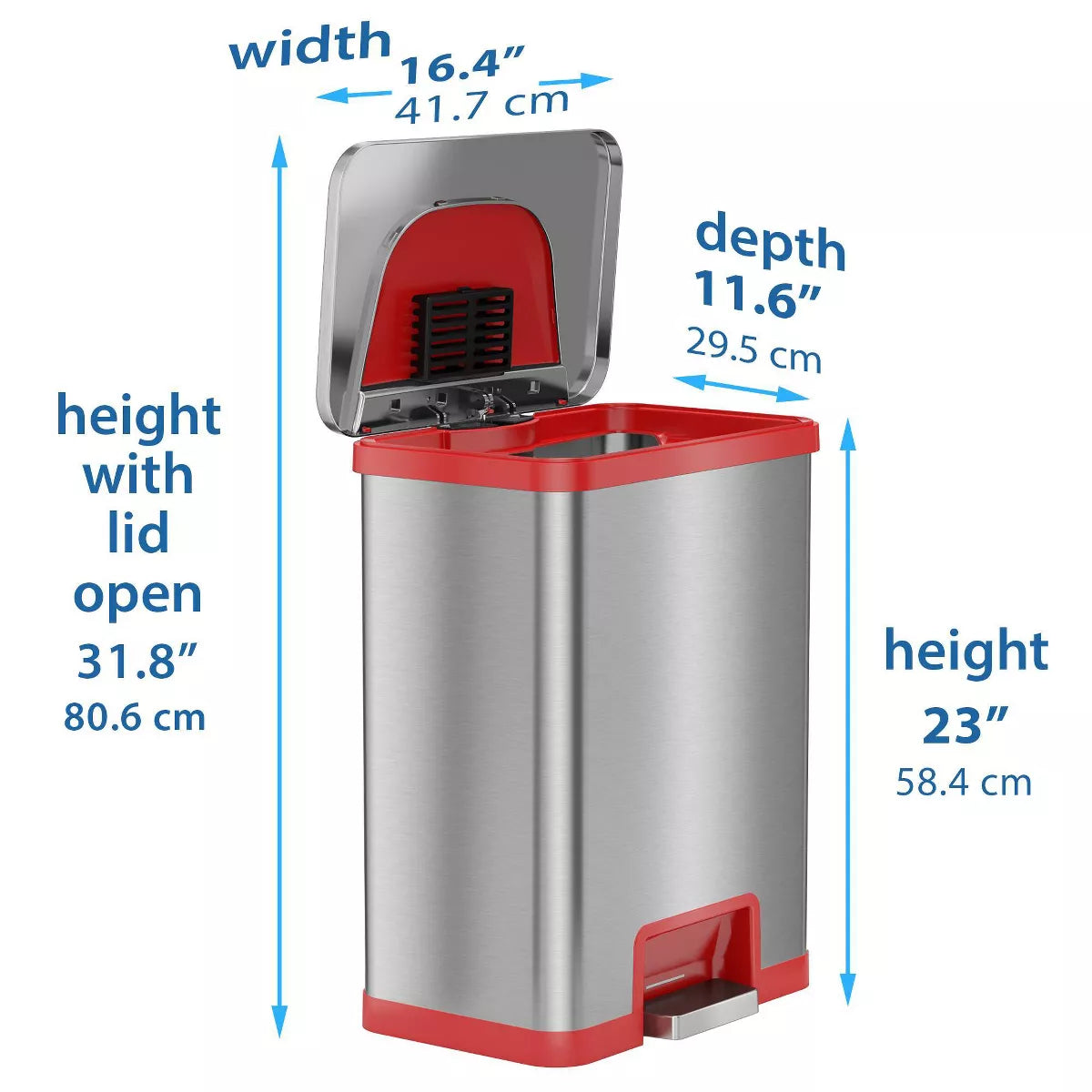 13-Gallon Stainless Steel Sensor Pedal Trash Can with Red Trim and Nonslip Base