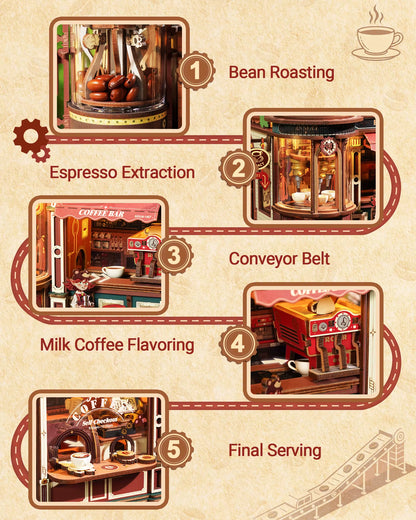 ROKR Wooden 3D Puzzle Dream Coffee Factory Music Box Model Building Kit - 593-Piece DIY Miniature House with LED Light, Unique Home Decor Gift for Adults and Women