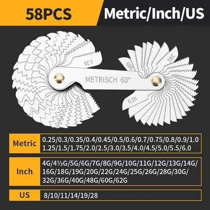 55/60 Degree Thread Plug Gauge Metric Imperial Gear Tooth Screw Pitch Gauges Carbon Steel Measuring Tool Tap Thread Measurement