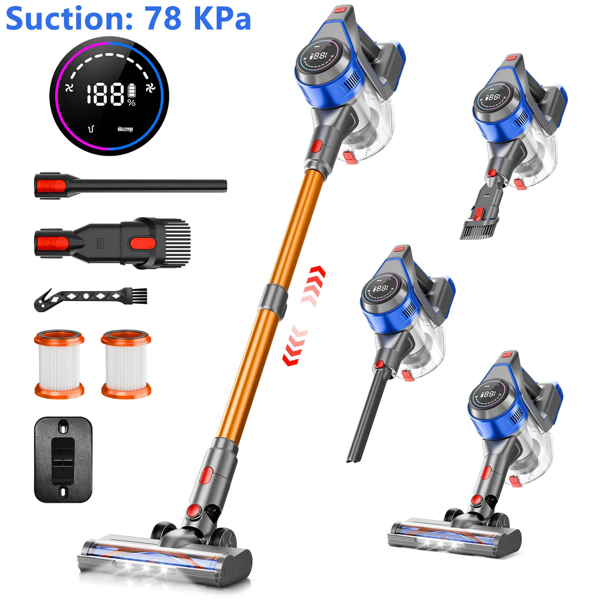 Honki 78KPA Cordless Vacuum Cleaner - High-Power Handheld Device with LED, Strong Suction for Wet and Dry Cleaning, Ideal for Pet Hair and Carpets