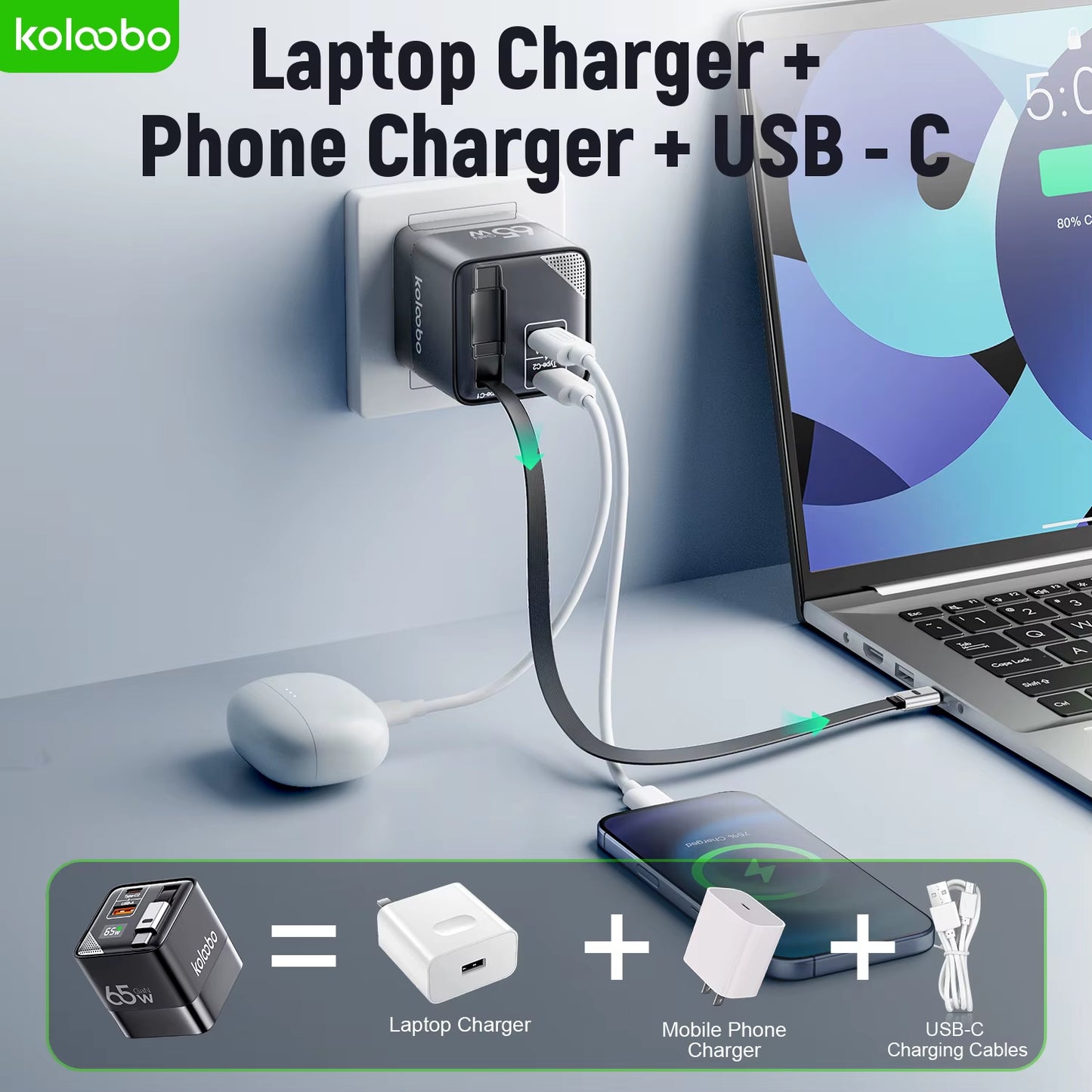 65W Gan Fast Charger Three-Port Charging Head Built-In 80Cm Retractable Typec Cable for Iphone16 15 14 13 Promax Xiaomi Samsung