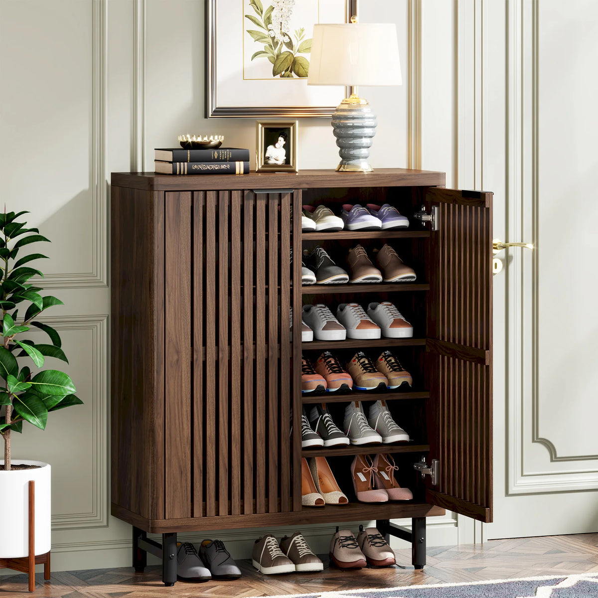 Tribesigns 6-Tier Wooden Shoe Cabinet with Louvered Doors and Adjustable Shelves