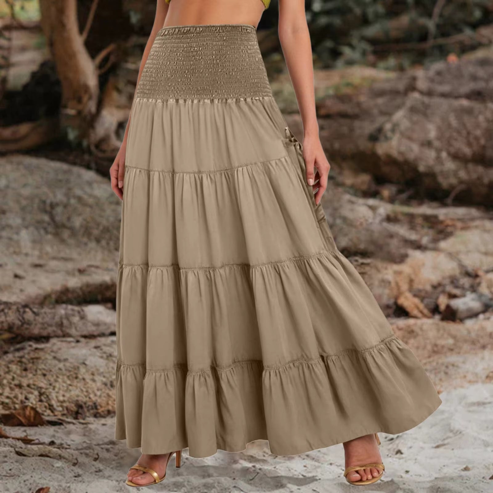 Boho Tiered A-Line Skirt Women Forest Fairy Pockets Patchwork Long Dress Elastic Waist Vintage Hippie Gypsy Maxi Skirt 스커트