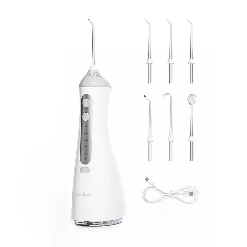 SEJOY Portable Electric Water Flosser with 350ML Tank, 5 Modes, and 5 Jet Tips for Dental Care and Teeth Whitening - Ideal for Home and Travel