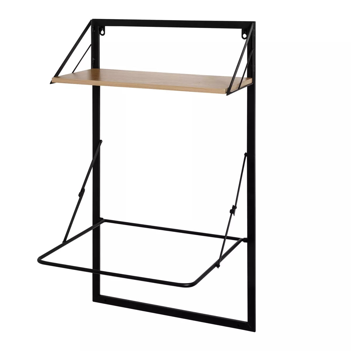 Laundry Shelf + Hamper Combo with Wood Light Oak: Wall Mounted Hanging Clothes Hamper, Collapsible Sorter
