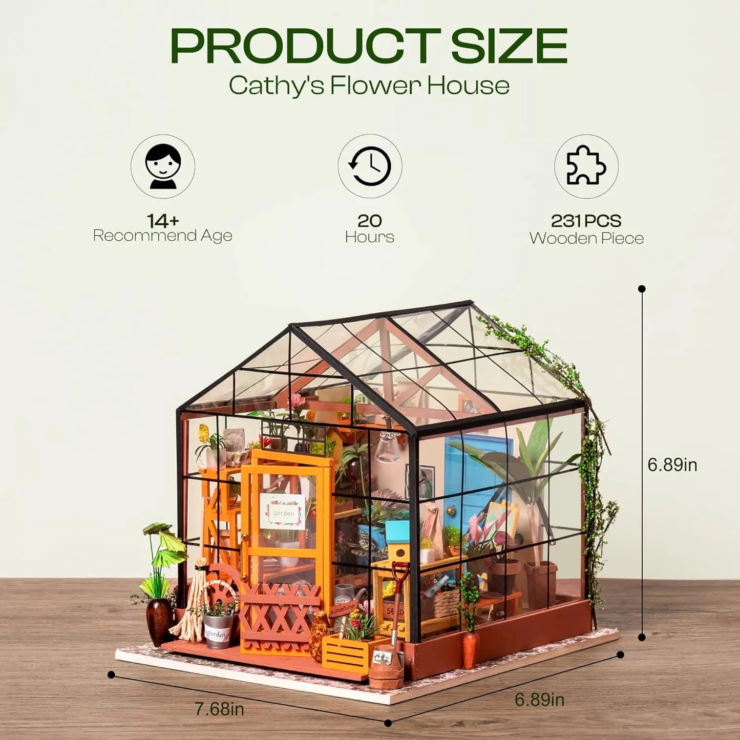Robotime Mini Green House Cathy'S Flower House DIY Dollhouse Wooden Miniature Furniture Kit with LED Best Birthday Gifts