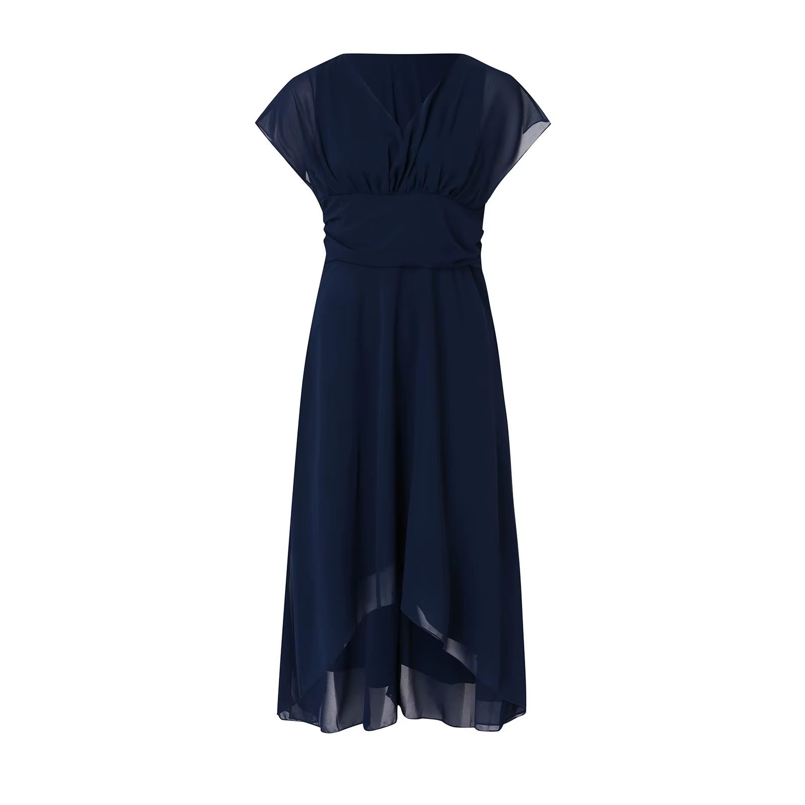 Womens Dresses Wedding Party Bridesmaid Elegant V Neck Chiffon Dress Slim High Waist Flutter Sheer Mesh Sleeve Long Dresses