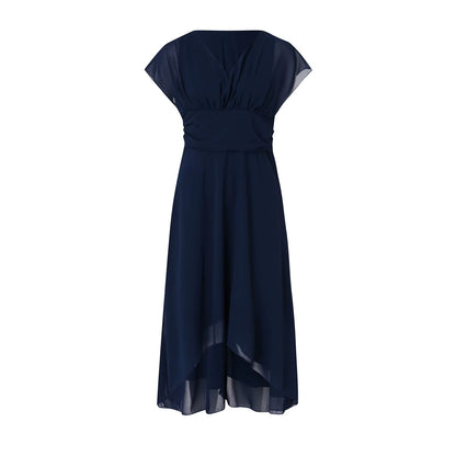Womens Dresses Wedding Party Bridesmaid Elegant V Neck Chiffon Dress Slim High Waist Flutter Sheer Mesh Sleeve Long Dresses