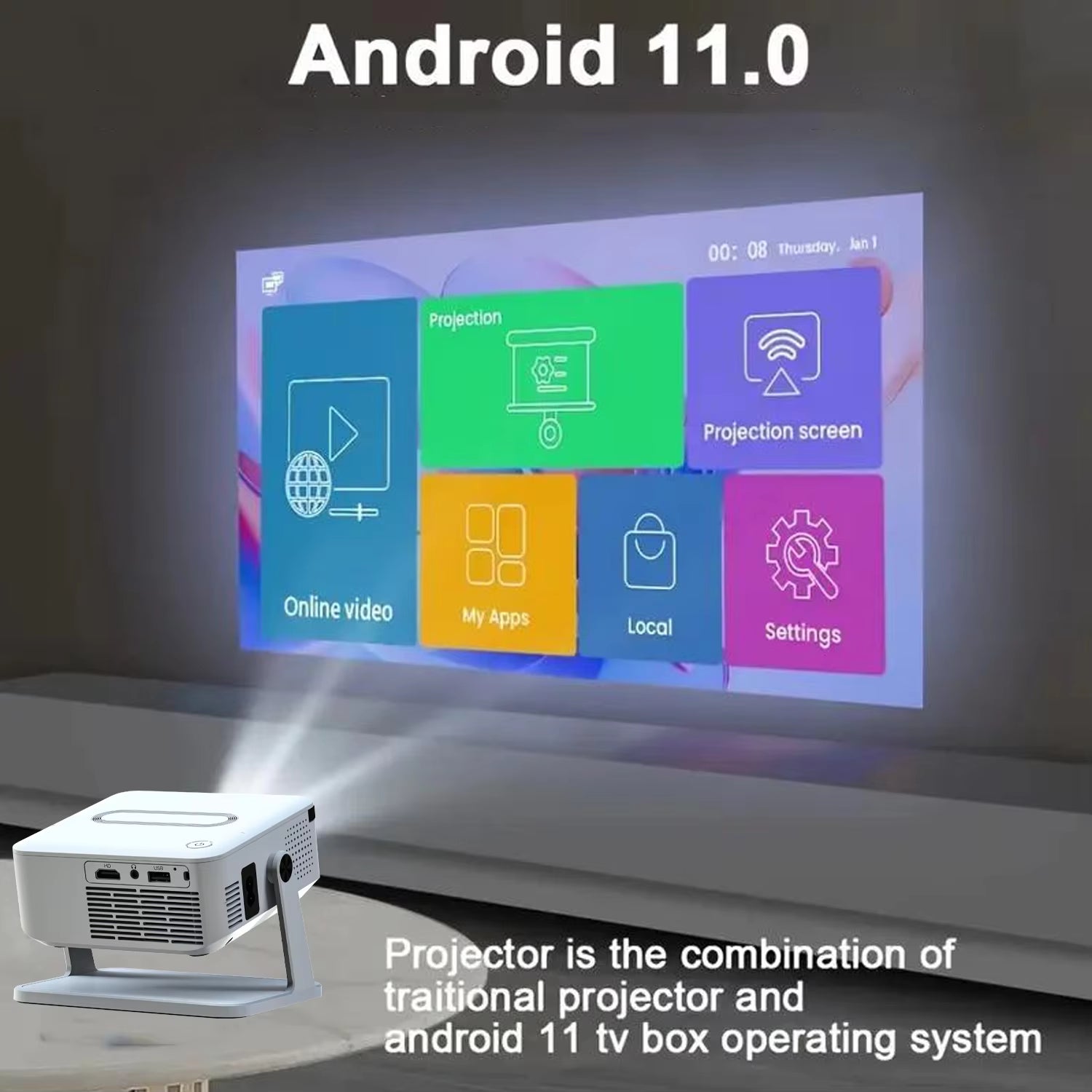 Digital Projector Android with Holder HD Video Smart Projector Outdoor with HDMI USB Wireless Connection for Home Cinema Out
