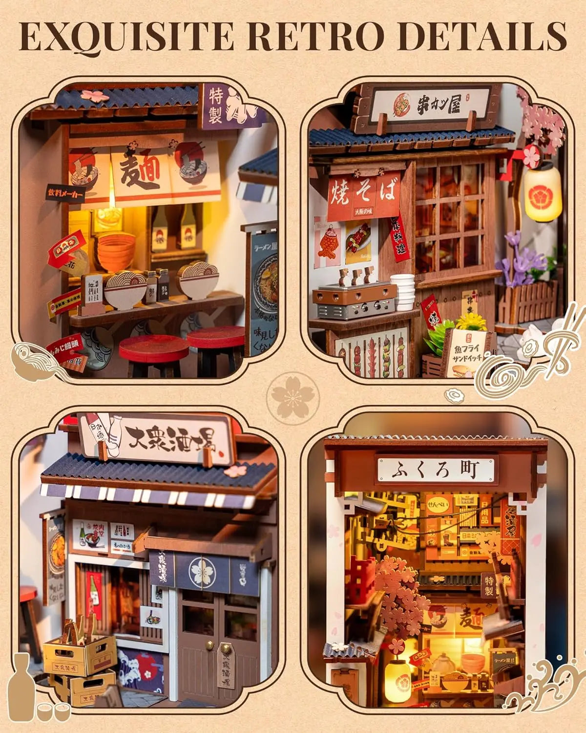 Robotime Sakura Wine Alley DIY Booknook with Lights DIY Miniature Dolls House Kit 3D Wooden Puzzle Bookend Bookshelf Decor Gift