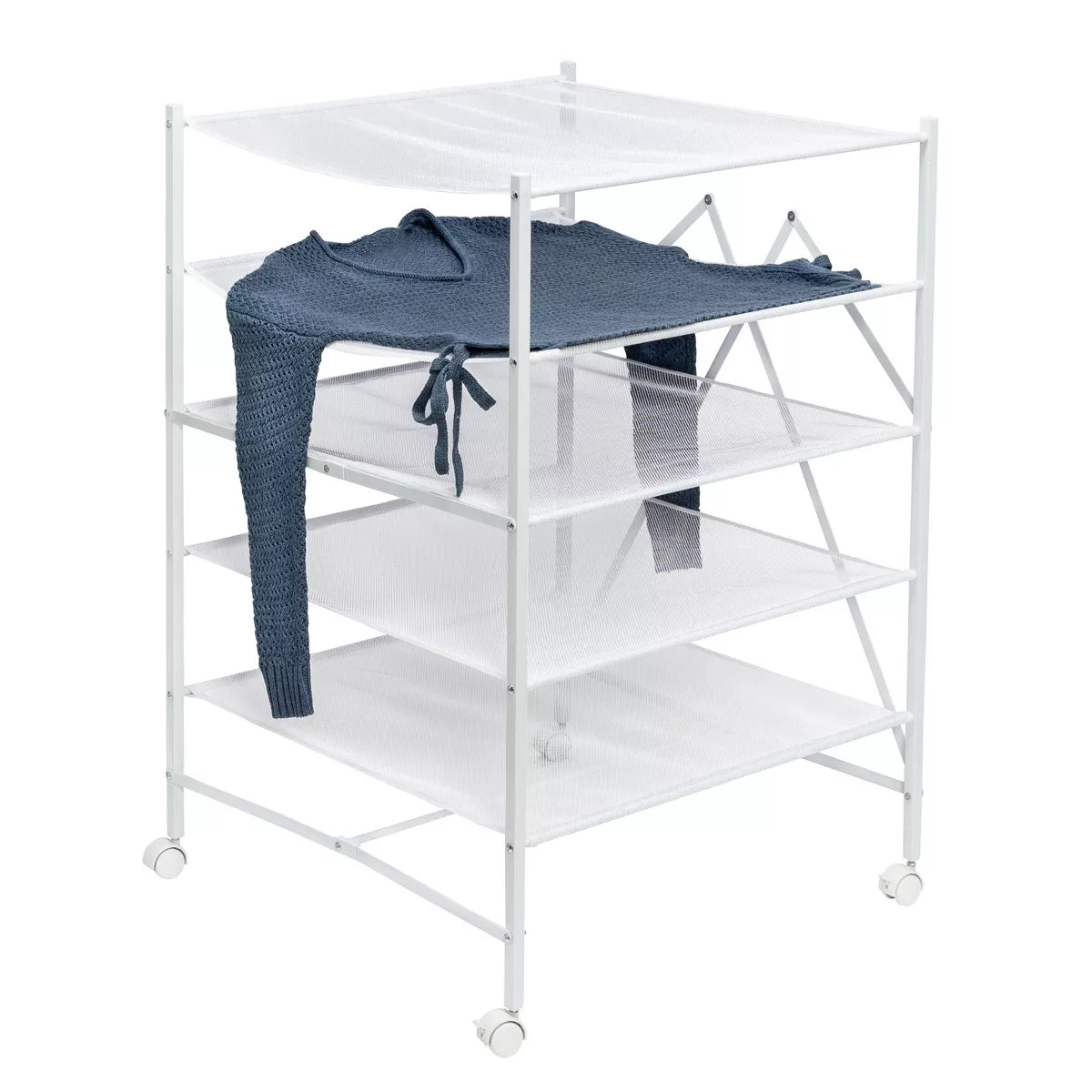 Collapsible Flat Drying Rack with Wheels, Steel Construction, 40 lb Capacity, Ideal for Sweater Drying, 23.4" Surface Area, White