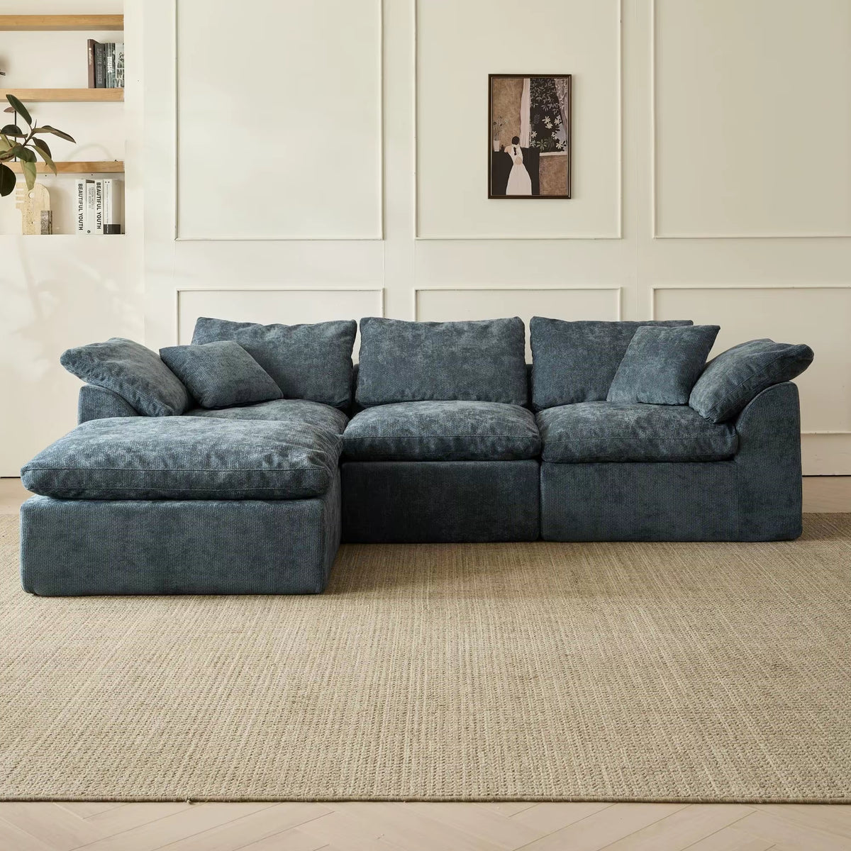 109" Modern L-Shaped Oversized 3-Seater Sofa in Blue Chenille Fabric with Modular Ottoman