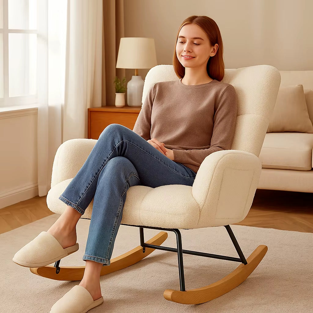 COMHOMA Teddy Glider Rocking Chair with Side Pockets, High Back Design for Adults - Ideal for Bedroom and Living Room