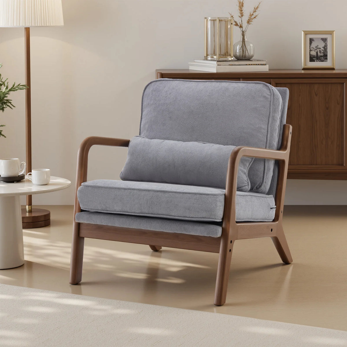 JHK Mid-Century Modern Accent Chair with Solid Wooden Frame, Armrests, and Waist Cushion for Adults - Ideal for Reading and Lounging