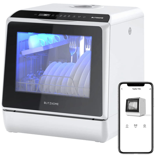 Blitzhome BH-CDW1 Smart Portable Countertop Dishwasher US Plug with APP Control, 4-6 Sets Big Capacity, Dual Water Inlet Modes, 360°Spraying, 75°High Temperature, Five Cleaning Modes, Drying Function