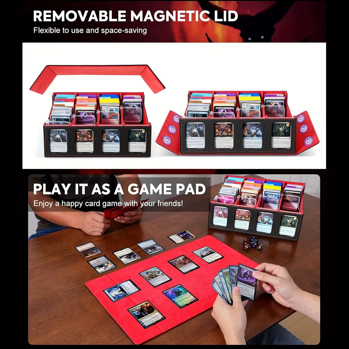 Professional Trading Card Storage Box with Display; 4-Row Deck Case Featuring Removable Lid; Accommodates Over 2400 Cards; Compatible with Magic TCG, PTCG, and Sports Cards