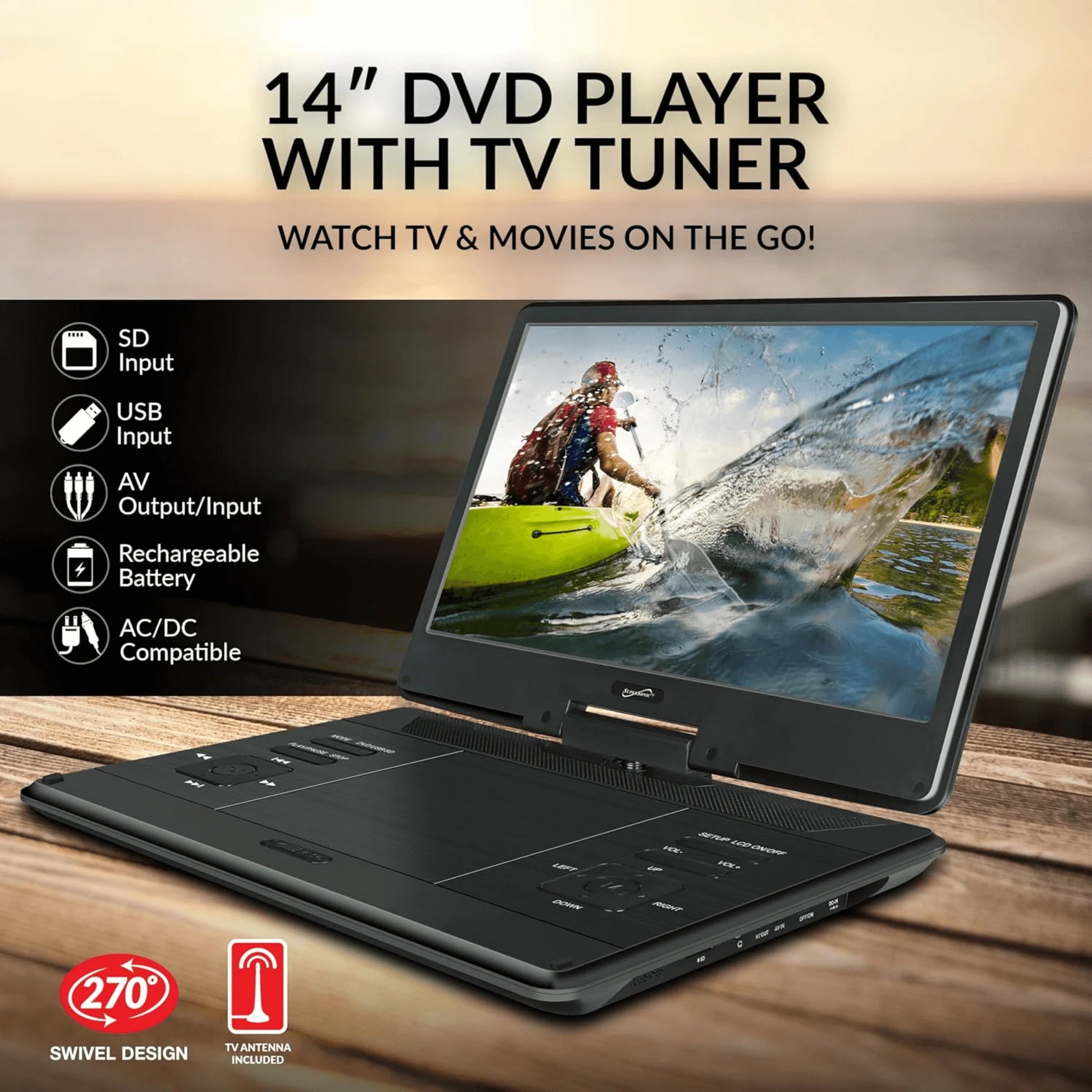 Supersonic 14-Inch Portable LED DVD Player with Built-In Hybrid TV Tuners ACDC Compatible