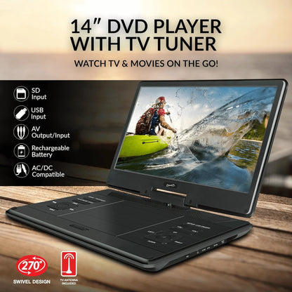 Supersonic 14-Inch Portable LED DVD Player with Built-In Hybrid TV Tuners ACDC Compatible