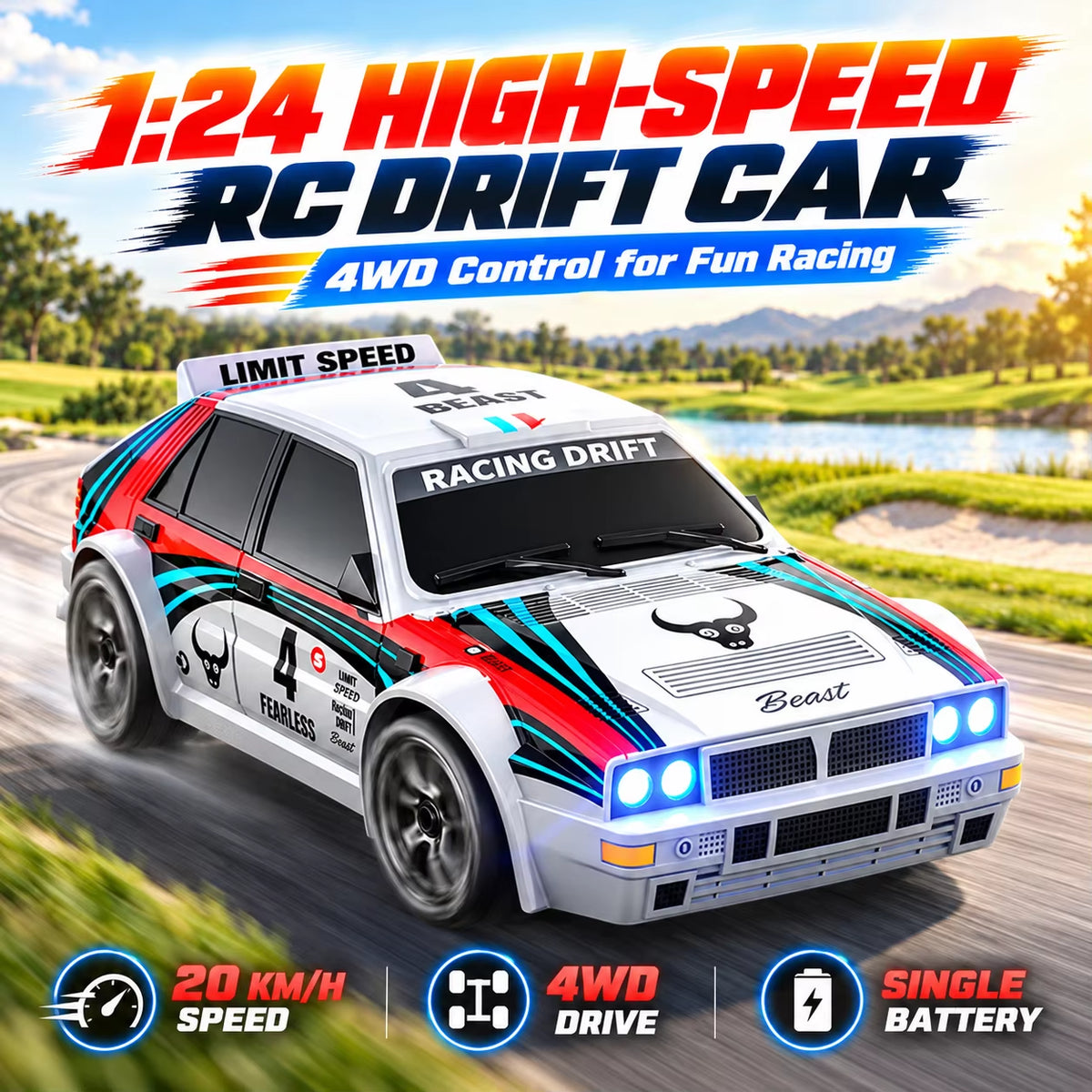 ZNLYRION 1:24 Scale RC Drifting Race Car - 4WD, Adjustable Speed (20Km/H), Includes Spare Drift Tires, LED Headlights and Taillights, Ideal for Boys and Adults