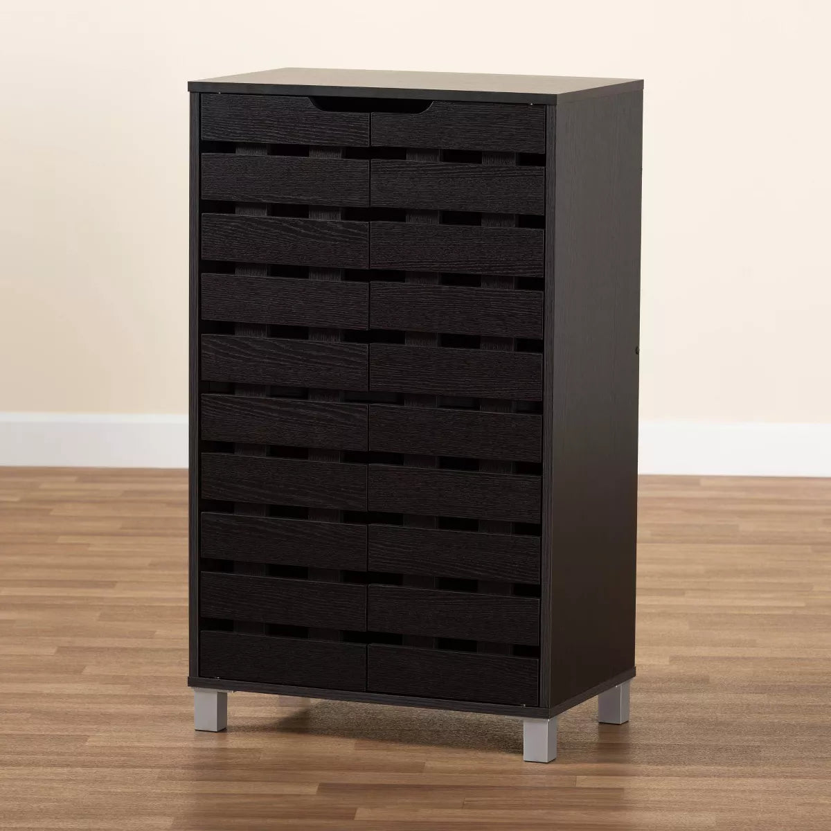 Ernest Brown Wood Shoe Storage Cabinet - Dark Brown, 2-Door Organizer for 18 Pairs with Slatted Doors 