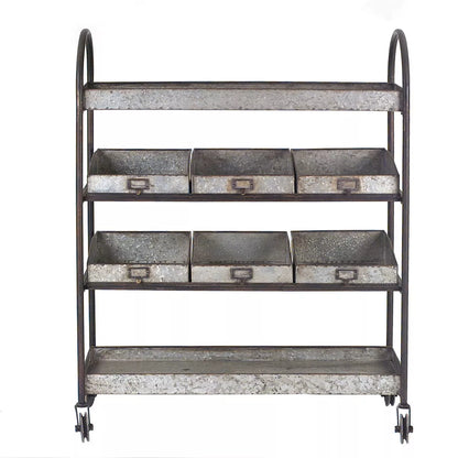 Metal 4-Tier Cart with 6 Bins on Casters: Rolling Utility Organizer, No Assembly Tools Needed
