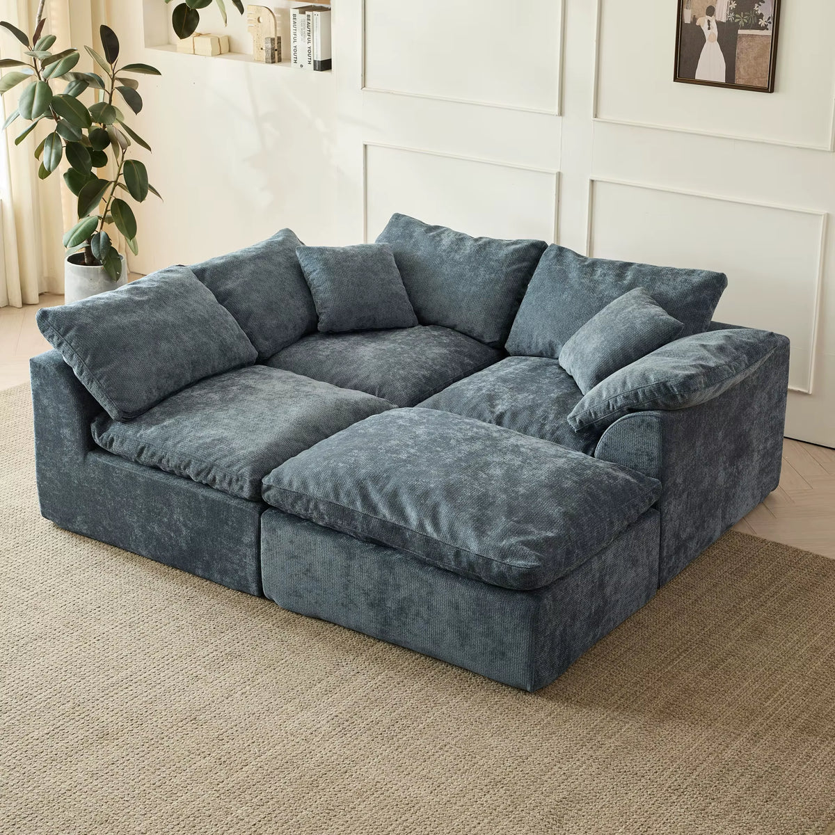 109" Modern L-Shaped Oversized 3-Seater Sofa in Blue Chenille Fabric with Modular Ottoman