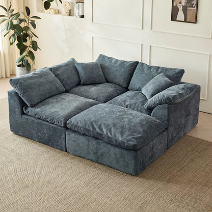 109" Modern L-Shaped Oversized 3-Seater Sofa in Blue Chenille Fabric with Modular Ottoman