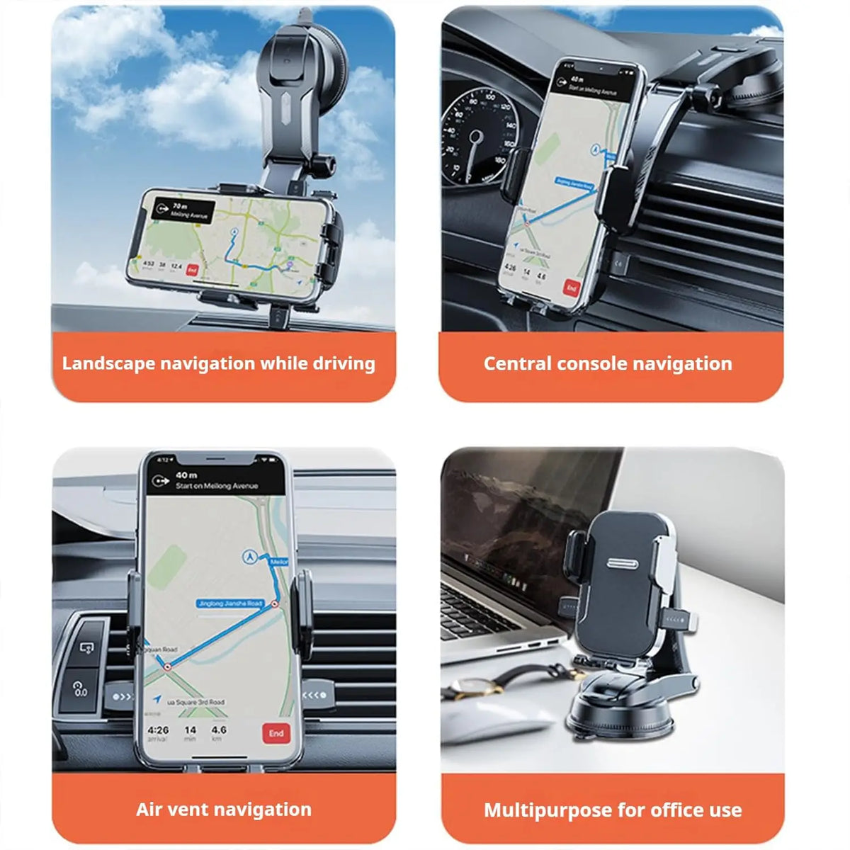 Adjustable Car Dashboard Cell Phone Holder with Telescopic Arm, Side Grips, and 360-Degree Swivel Suction Cup Mount