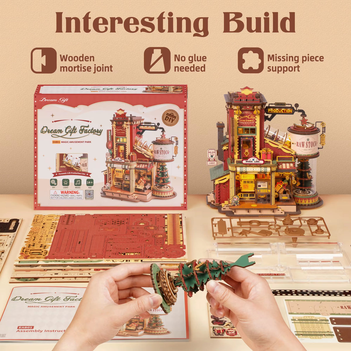ROKR Dream Gift Factory 3D Wooden Puzzle DIY Mini Dollhouse Model Kit with Music and LED Lighting - 449 Piece Assembly Set for Adults and Teens