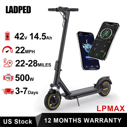 LPMAX 10" Tires Folding Electric Scooter 22MPH Max Speed 500W 14.5AH 28Miles Long Range Dual Shock Absorber Escooter