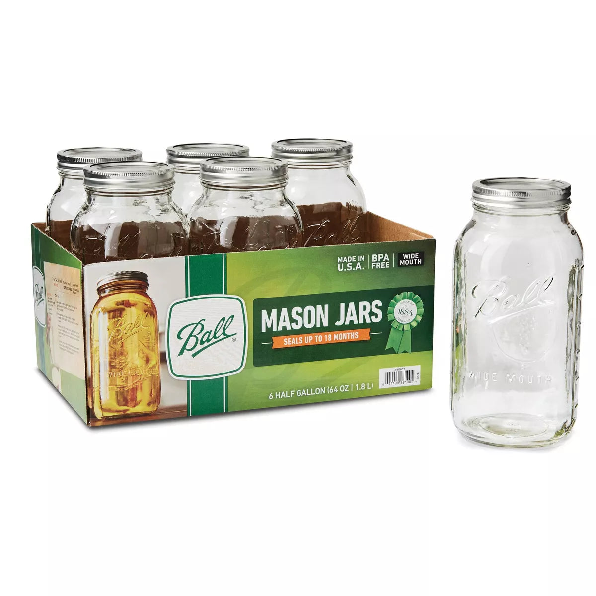 64 oz Glass Wide Mouth Mason Jar Set (6-Pack) with Lid and Band - Clear Canning Jars, Dishwasher-Safe, 4" Neck Diameter