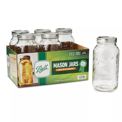 64 oz Glass Wide Mouth Mason Jar Set (6-Pack) with Lid and Band - Clear Canning Jars, Dishwasher-Safe, 4" Neck Diameter