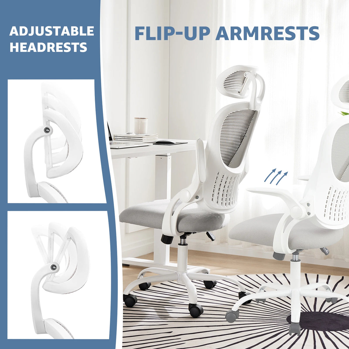 JHK Ergonomic Mesh Office Chair with Adjustable Headrest and Flip-Up Arms for Enhanced Lumbar Support in Home Office Settings