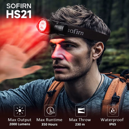 New  HS21 SFT40 2000Lm EDC Red Headlight 18650 USB C Flashlight 6000K Powerful with Infrared Sensor