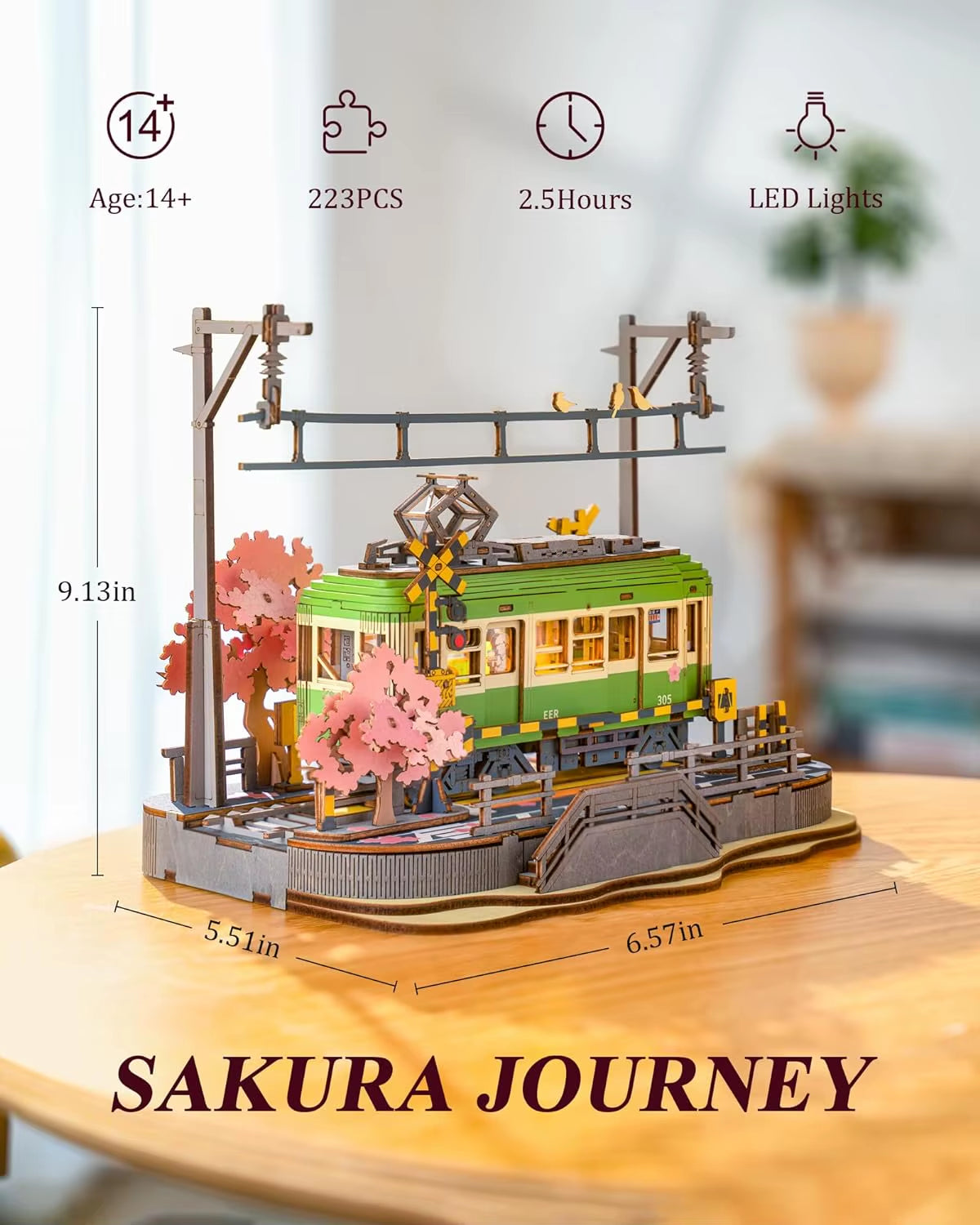 Robotime 3D Wooden Puzzle Kit - Sakura Journey Tram Model with LED Light for Kids and Hobbyists, Ideal Brain Teaser Gift