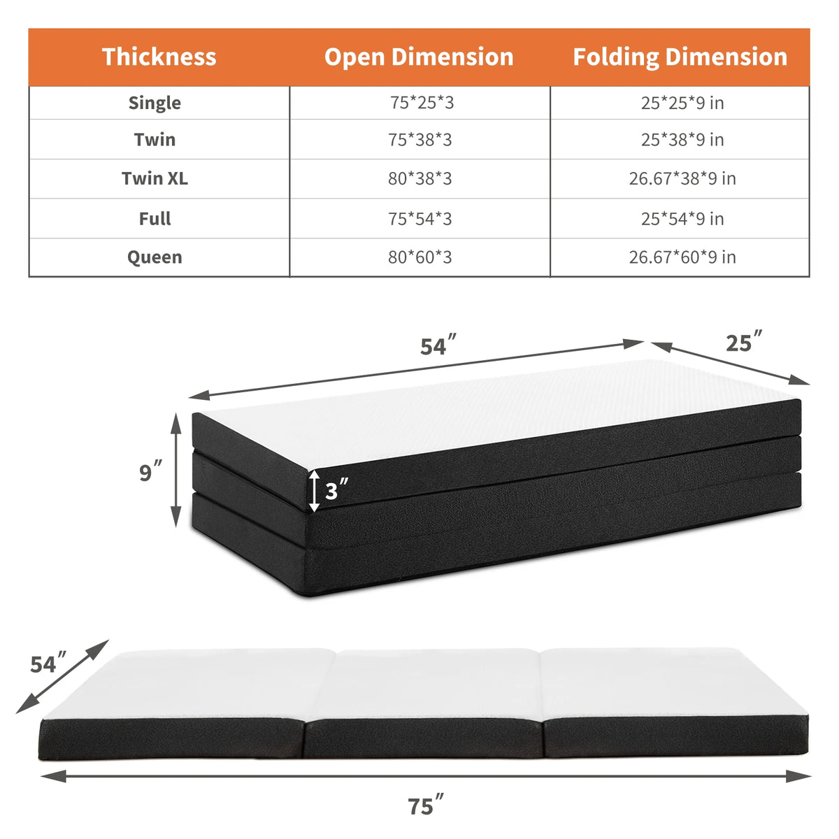 JHK Certified Three-Fold Portable Floor Bed for Travel, Camping, and Yoga - Soft Touch with Flexible Zipper