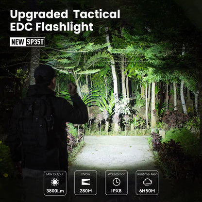 SP35T 3800Lm Tactical 21700 Flashlight Powerful LED Light USB C Rechargeable Torch with Dual Switch Power Indicator ATR