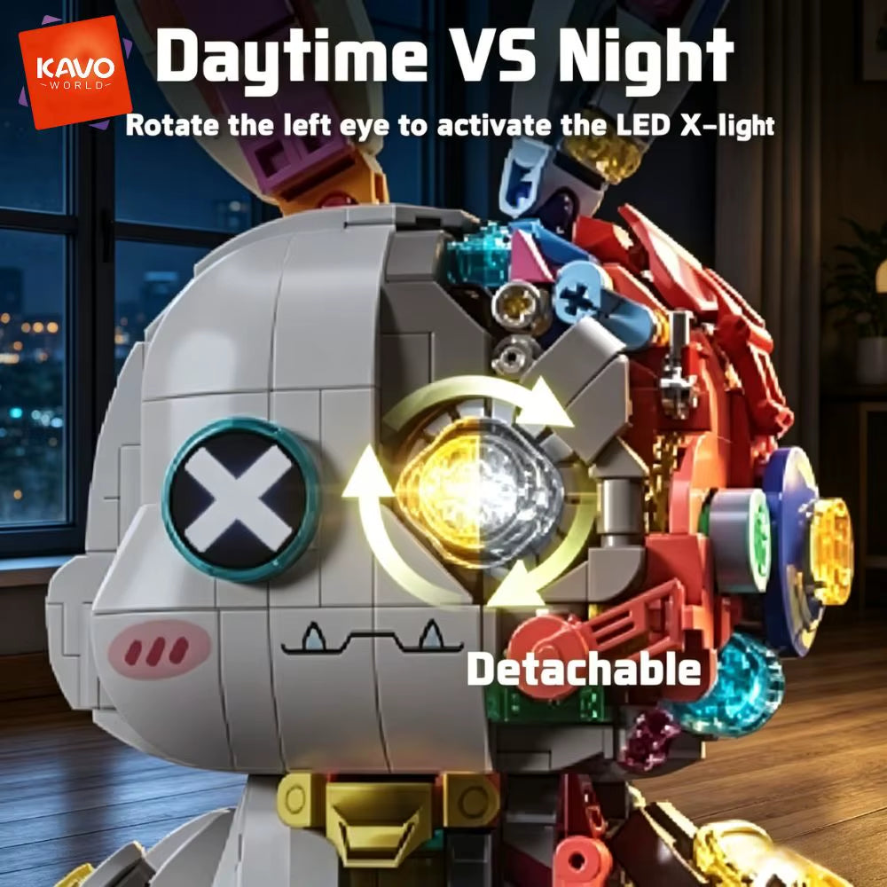 KAVOWORLD 1377-Piece Robot Rabbit Building Blocks Set with LED Light, Multi-Point Rotatable Detachable Base, DIY Cyberpunk Mecha Construction Kit for Home and Office Decor, Ideal Gift for Teens and Adults