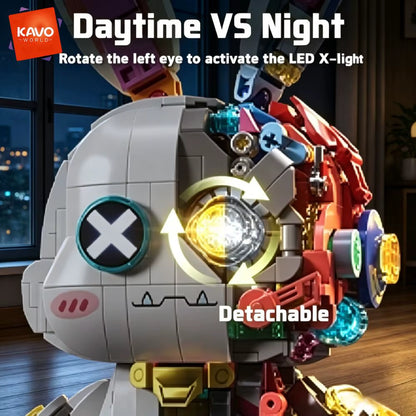 KAVOWORLD 1377-Piece Robot Rabbit Building Blocks Set with LED Light, Multi-Point Rotatable Detachable Base, DIY Cyberpunk Mecha Construction Kit for Home and Office Decor, Ideal Gift for Teens and Adults