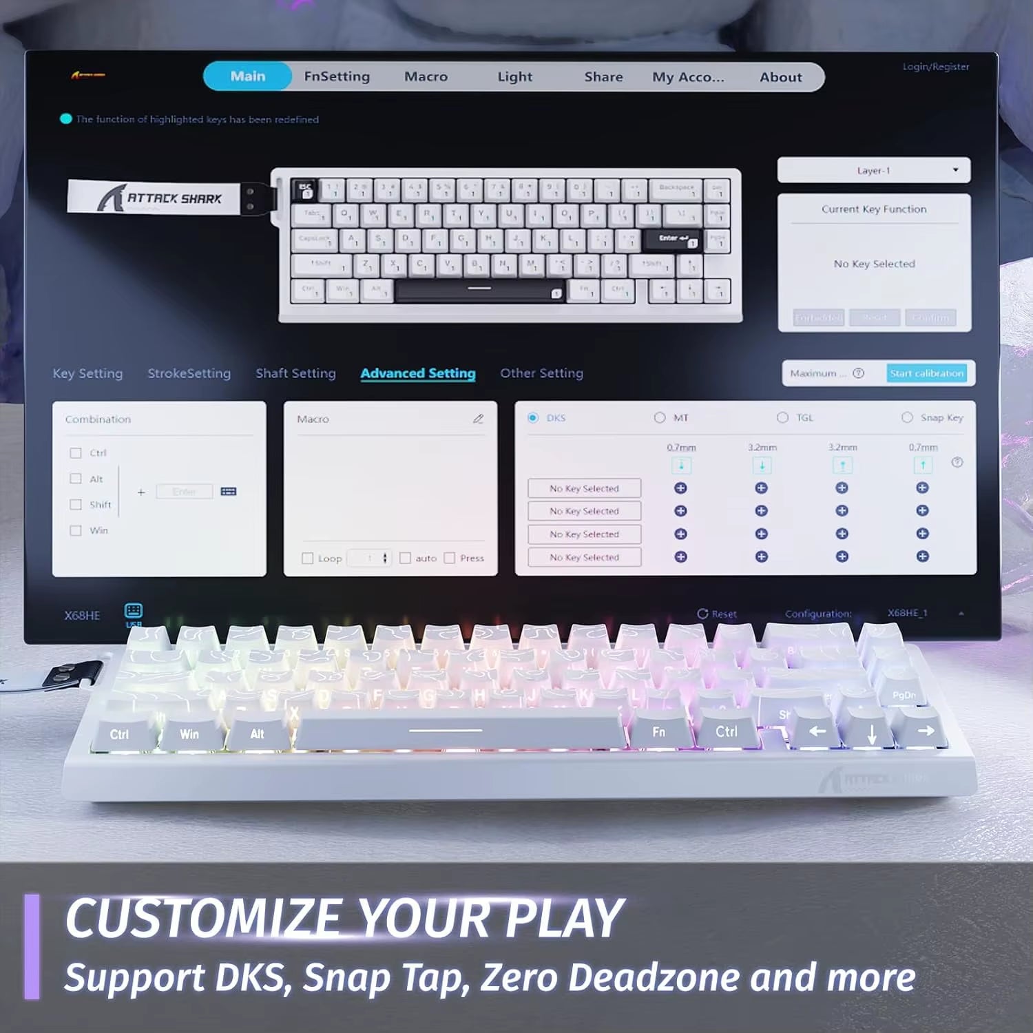 ATTACK SHARK X68 HE Rapid Trigger Mechanical Gaming Keyboard 60% Wired with Adjustable Actuation,Hall Effect Magnetic Switch,8Kh
