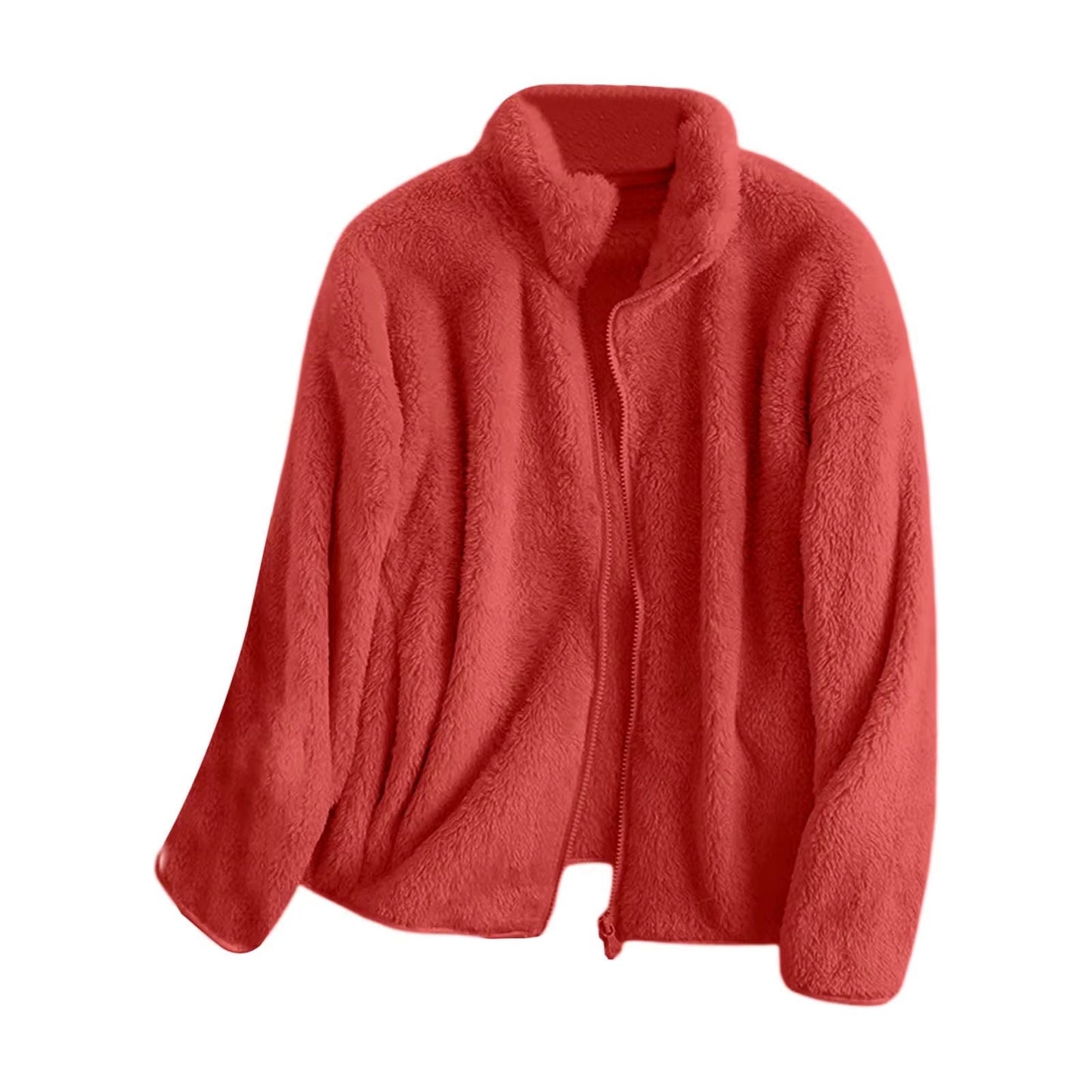 Women Casual Zip up Fleece Jacket Solid Color Long Plush Polar Warm Zipper Outwears Female Gils Lamb Wool Jackets with Pockets