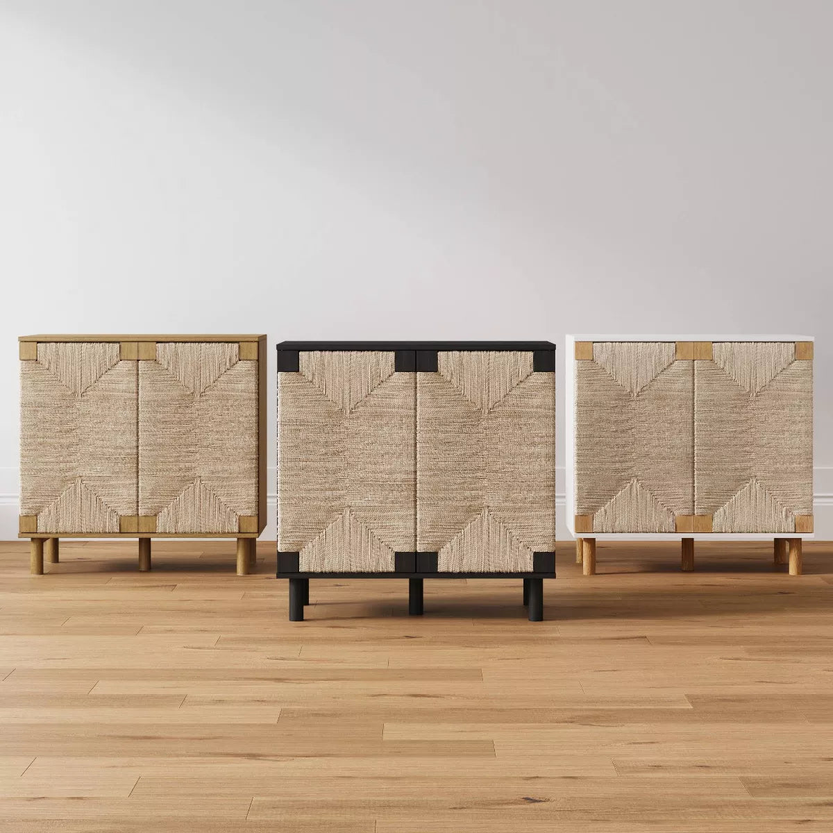  Wood and Seagrass Storage Cabinet in White with Veneer Surface and Fixed Shelf - Adult Assembly Required